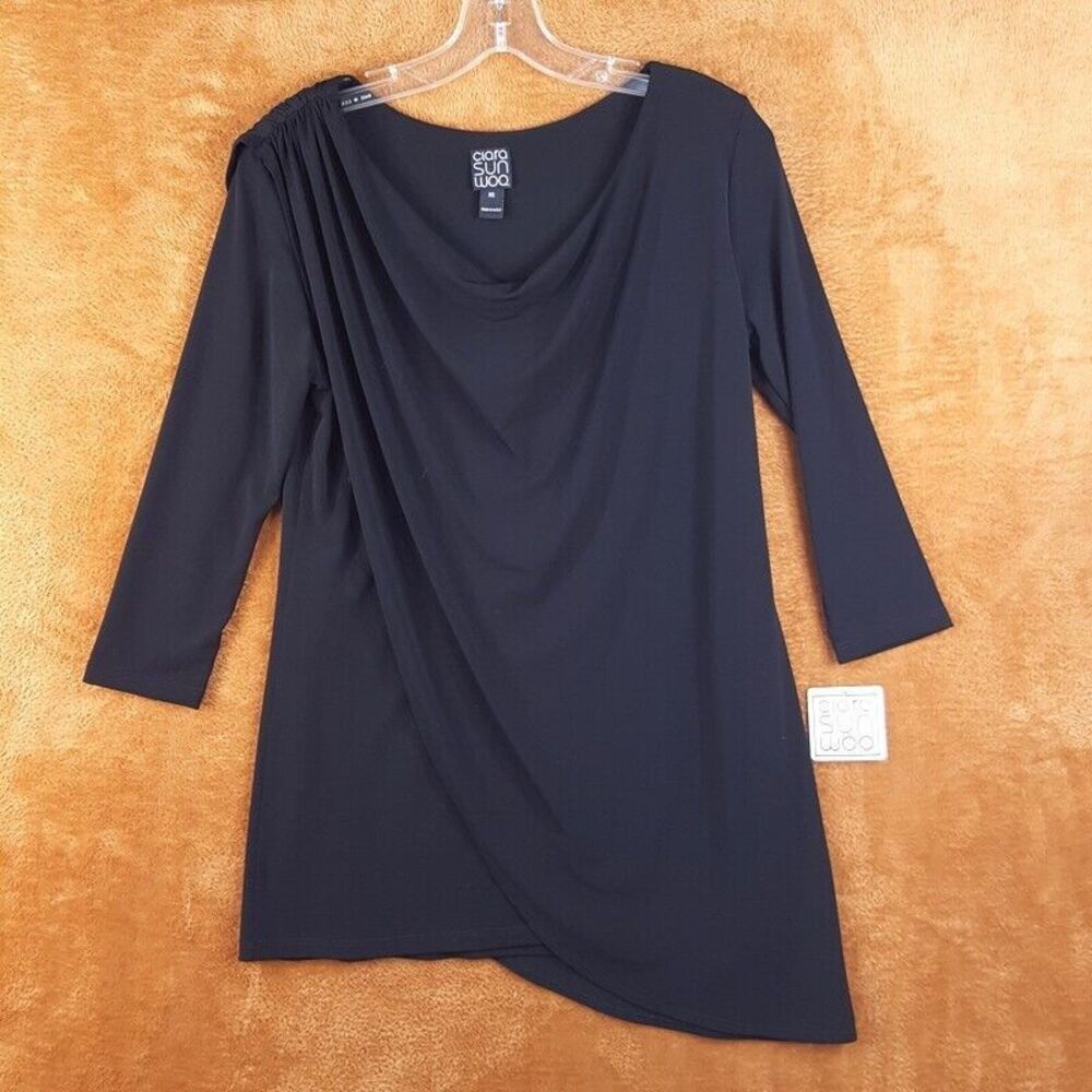 CLARA SUN WOO Womens Top XS Black Pullover Draped Asymmetrical Jersey Stretch